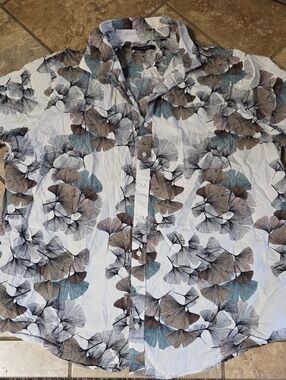 SYNERGY Men's 3XLT Casual Button Down Blue and Brown Ginko Leaf Patterned Shirt